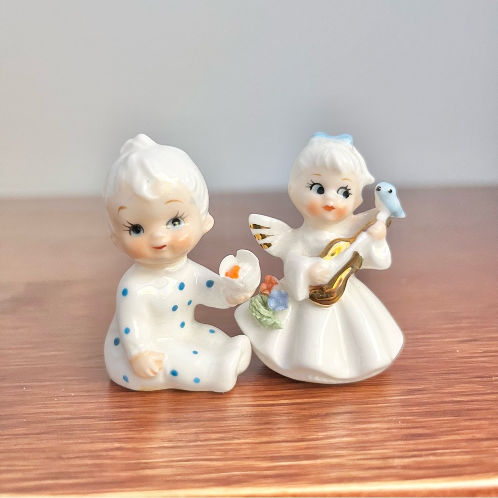 Vintage Napcoware Bone China Little Baby Boy and Girl with Instrument White Blue